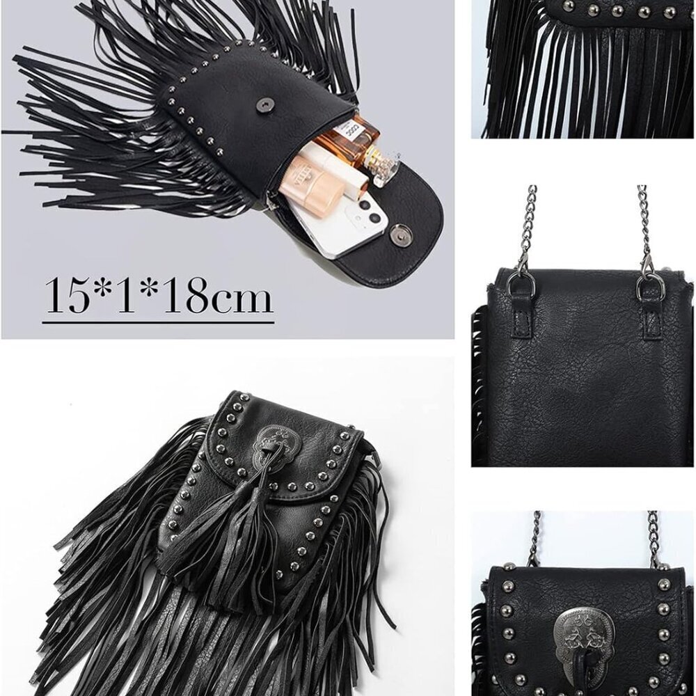 Vegan Leather Crossbody Bag Gothic Y2K Fringe Skull Tassel Halloween - Picture 7 of 7